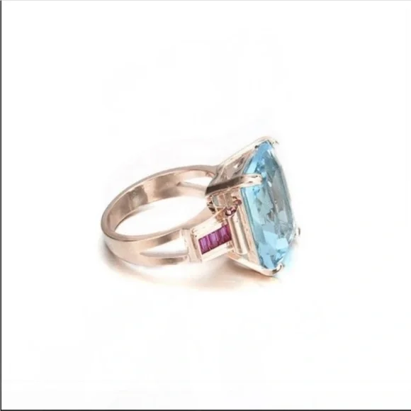 New Unisex Yellow Gold Plated Aquamarine Ring - Picture 3 of 5